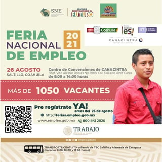 Con el objetivo de colocar a más de mil personas en distintos empleos, a finales de agosto se realizará la Feria Nacional del Empleo 2021 en Saltillo. (CORTESÍA)