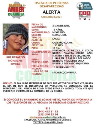 Fue el 16 de septiembre la última vez que fue visto Luis Gerardo Monsiváis Rivera de 13 años de edad en Saltillo, por lo que la Fiscalía de Personas Desaparecidas activo una Alerta Amber. (ARCHIVO) 
