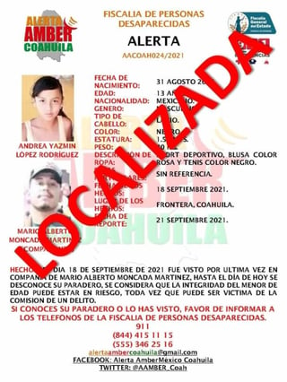 Andrea Yazmin López Rodríguez desapareció el pasado día 18 de Ciudad Frontera, cuando se encontraba con Mario Alberto Moncada Martínez.

