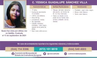 Fue el 13 de septiembre del 2021, la última vez que fue vista Yessica Guadalupe Sánchez Villa de 17 años de edad, en el municipio de Saltillo, por lo que la Comisión de Búsqueda del Estado de Coahuila pide la colaboración de la ciudadanía para dar con su paradero. (CORTESÍA) 
