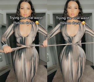 La ilusión óptica ha llamado al atención de internautas, gracias a que ésta hace parecer que el vestido es capaz de de 'desaparecer' algunos centímetros de la cintura (CAPTURA) 