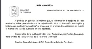 Portal de Transparencia del Municipio de Torreón aparece con información oficial incompleta y pese al avance de la administración.