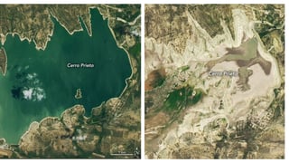 Las imágenes de arriba, adquiridas por Operational Land Imager (OLI) en Landsat 8, muestran el embalse de Cerro Prieto el 7 de julio de 2022, a la derecha, y el 20 de julio de 2015, a la izquierda.