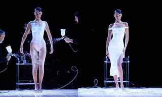 ¡Hace historia! Bella Hadid modela con un vestido hecho de aerosol