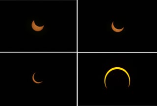 Combo de fotografías que muestra hoy la secuencia del eclipse solar anular, denominado “el anillo de fuego”, desde la ciudad de Mérida en el estado de Yucatán (México). EFE/Lorenzo Hernández