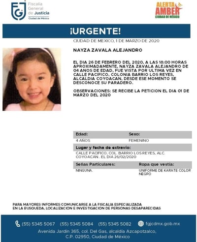 La Fiscalía capitalina activó la Alerta Amber para localizar Nayza Zavala Alejandro, de 4 años de edad, quien desapareció en la alcaldía de Coyoacán. (TWITTER)