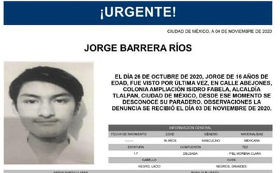 El estudiante Jorge Barrera Ríos, de la Preparatoria 5 de la Universidad Nacional Autónoma de México (UNAM) y que había sido reportado como desaparecido el 26 de octubre fue hallado con vida cerca del Estadio Azteca. (ESPECIAL)