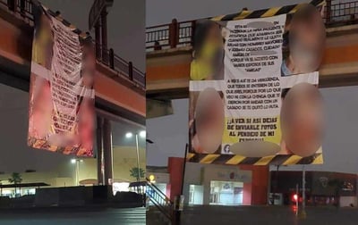 La manta que colgaba de un puente peatonal en Matamoros, presentaba fotografías de la supuesta amante (REDES SOCIALES) 