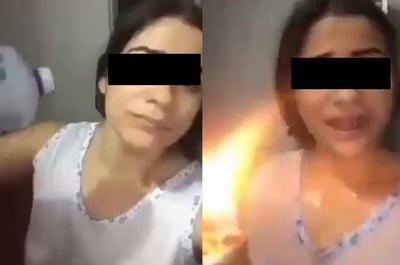 En el video la mujer se rocía lo que sería un líquido inflamable para después prenderse fuego con un encendedor (CAPTURA)  