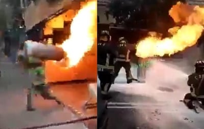 Para evitar la explosión en el interior del inmueble en la CDMX, un bombero cargó el tanque de gas que se encontraba en llamas (CAPTURA) 