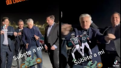 Imagen VIRAL: Comentaristas de TUDN, TV Azteca, ESPN  y Fox Sports bailan Súbete a mi moto previo al Super Bowl LVII