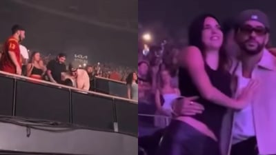 Imagen Kendall Jenner se cae en pleno concierto del rapero Drake y Bad Bunny la rescata