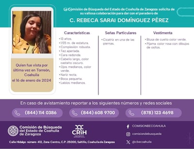 Una menor de edad se encuentra desaparecida en Torreón; fue vista por última vez el pasado 16 de enero.