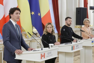 Justin Trudeau, Giorgia Meloni, Volodímir Zelenski y Ursula von der Leyen. (ARCHIVO)