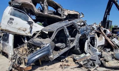 Imagen FGR destruye 28 vehículos Monstruos relacionados a grupos delictivos en Reynosa, Tamaulipas