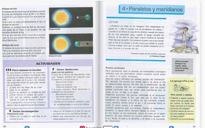En la página 20 dice: 'El 8 de abril del año 2024 ocurrirá un eclipse total de Sol que podrá observarse en la República Mexicana'.