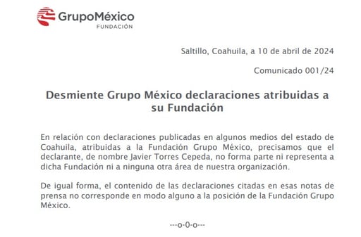 Imagen Desmiente Grupo México declaraciones atribuidas a su Fundación