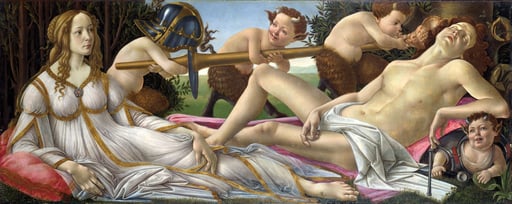 Venus y Marte (dioses del amor y de la guerra, respectivamente), 1485, de Sandro Botticelli. Imagen Venus and Mars National Gallery.