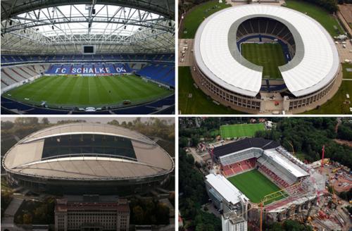 El estadio 'Schalkearena' en Gelsenkirchen; el estadio de Berlin, el estadio Fritz-Walter Soccer de Kaiserslautern y el estadio Zentralstadion de Leipzig. 

R