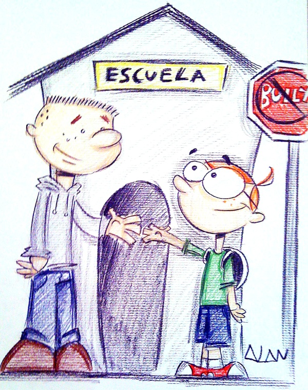 Fotografía en donde se observan niños en contra del bullying, una caricatura de Alan Villanueva Pérez que forma parte de una exposición con el propósito de expresar el rechazo a la violencia en Puerto Rico.