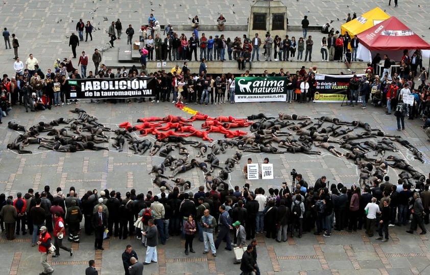 BOG02. BOGOTÁ (COLOMBIA), 09/02/2012.- Unas 70 personas semidesnudas y pintadas de rojo y negro se manifiestan para reclamar el fin de las corridas de toros en el país hoy, jueves 9 de febrero de 2012, en la Plaza de Bolívar de Bogotá (Colombia). El debate antitaurino resucitó en Colombia a mediados de enero cuando arrancó la temporada de toros en una de sus plazas predilectas, la de Santamaría en Bogotá, y tuvo su germen en la decisión del nuevo alcalde capitalino, Gustavo Petro, de no ocupar el palco de la Alcaldía. EFE/Mauricio Dueñas