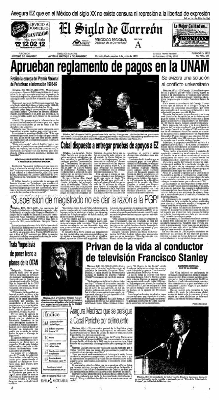 “Privan de la vida al conductor de televisión Francisco Stanley”, la noticia en la portada de El Siglo de Torreón el día después de su asesinato. (Archivo)