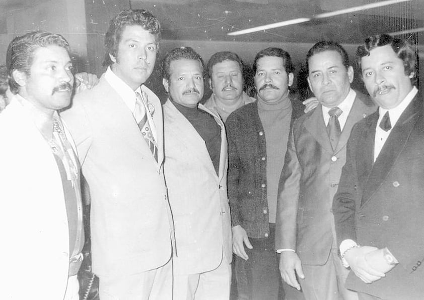 ERNESTO GÓMEZ  Gutiérrez, Octavio García Rodrí­guez, Lauro Salas Carmona (f), Luis Santibáñez (f), Luis López Estens, José González Alvarado (f) y C.P. Ricardo Rojas Benítez, compañeros ferrocarrileros en el año de 1978.