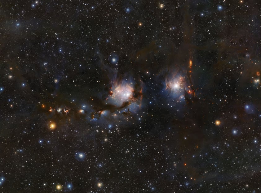 BERLÍN.- Fotografía facilitada por el Observatorio Europeo Austral (ESO) de una imagen rica en detalles de la región de formación estelar Messier 78, en la constelación de Orión (el cazador), que fue tomada con el telescopio de sondeo VISTA, instalado en el Observatorio Paranal de ESO (Chile). Además de ver las regiones azules de luz reflejada, procedente de las calientes estrellas jóvenes, la imagen también muestra corrientes de polvo oscuro y chorros rojos lanzados por estrellas en proceso de formación. Un equipo científico europeo ha logrado con una nueva tecnología similar a una "aspiradora cósmica" desentrañar lo que esconde la nebulosa Messier 78, una gigantesca nube de gas y polvo a 1.600 años luz de la Tierra. EFE