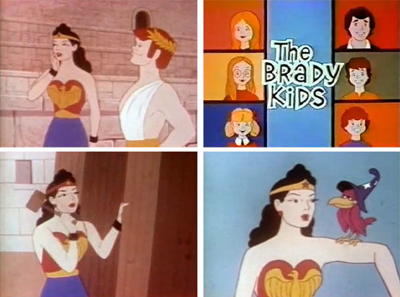 Todas las apariciones en versión animada de Wonder Woman tienen su origen en The Brady Kids, el spin-off de la tribu de los Brady emitido tres años después de aquella mítica serie. Jane Webb dio su voz a la Mujer Maravilla en su única aparición en el show, en la que lo único que fue bien adaptado fue el atuendo de la avezada amazona... todo lo demás, sobraba.