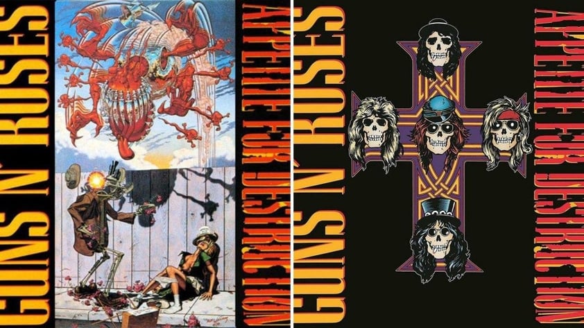 APPETITE FOR DESTRUCTION: A fines de los ochenta Guns N’ Roses presentó en esta portada un dibujo en que se veía a una mujer violada por un robot. Muchas tiendas se rehusaron a exhibir el material y fue cuando salió la portada clásica con la cruz y cinco calaveras.