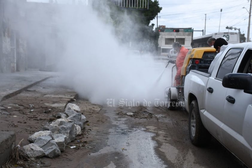 En punto de las 08:30 horas de hoy se inició con la brigada conjunta de aseo, despeje y remoción de escombros en la zona del canal sobre la avenida México del sector, con palas, picos y otras herramientas procedieron a retirar el material que aún quedaba dentro de la zona de paso pluvial, ante la premura y para evitar nuevos bloqueos subieron los desechos no solamente a camiones de la empresa PASA y de Servicios Públicos Municipales, sino a patrullas de la Policía Civil de Coahuila y otras unidades de Protección Civil.