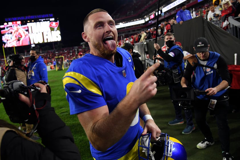 Los Angeles Rams kicker Matt Gay (8) celebrates as he leaves the field after the team defeated the Tampa Bay Buccaneers during an NFL divisional round playoff football game Sunday, Jan. 23, 2022, in Tampa, Fla. (AP Photo/Jason Behnken)