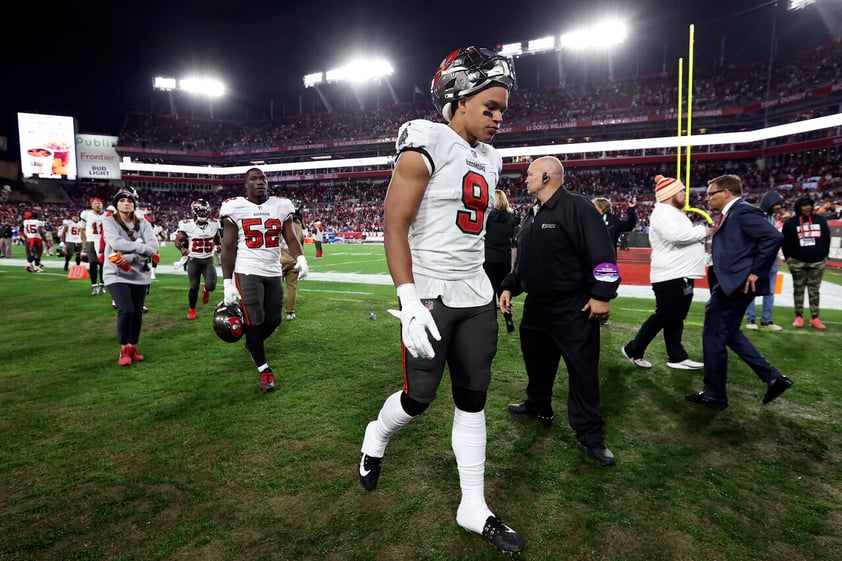 Tampa Bay Buccaneers outside linebacker Joe Tryon-Shoyinka (9) leaves the field after the team lost to the Los Angeles Rams during an NFL divisional round playoff football game Sunday, Jan. 23, 2022, in Tampa, Fla. (AP Photo/Mark LoMoglio)