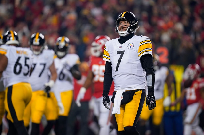 Pittsburgh Steelers quarterback Ben Roethlisberger (7) walks on the field during the first half of an NFL wild-card playoff football game against the Kansas City Chiefs, Sunday, Jan. 16, 2022, in Kansas City, Mo. (AP Photo/Ed Zurga)