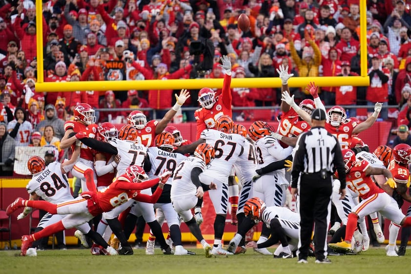 Cincinnati Bengals kicker Evan McPherson (2) kicks a 31-yard field goal during overtime in the AFC championship NFL football game against the Kansas City Chiefs, Sunday, Jan. 30, 2022, in Kansas City, Mo. The Bengals won 27-24. (AP Photo/Paul Sancya)