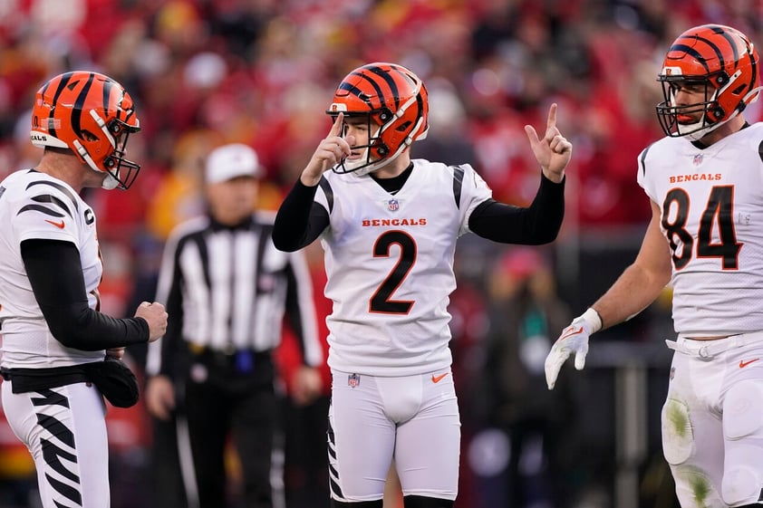 Cincinnati Bengals kicker Evan McPherson (2) celebrates after kicking a 52-yard field goal during the second half of the AFC championship NFL football game against the Kansas City Chiefs, Sunday, Jan. 30, 2022, in Kansas City, Mo. (AP Photo/Charlie Riedel)