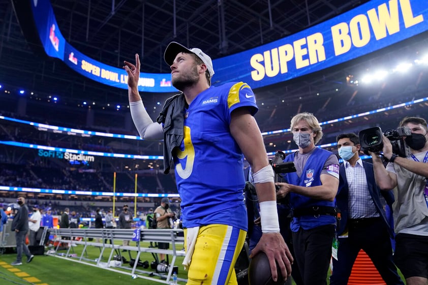 Los Angeles Rams' Matthew Stafford reacts after the NFC Championship NFL football game against the San Francisco 49ers Sunday, Jan. 30, 2022, in Inglewood, Calif. The Rams won 20-17 to advance to the Super Bowl. (AP Photo/Marcio Jose Sanchez)