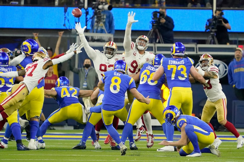 Los Angeles Rams' Matt Gay (8) kicks a field goal during the second half of the NFC Championship NFL football game against the San Francisco 49ers Sunday, Jan. 30, 2022, in Inglewood, Calif. (AP Photo/Elaine Thompson)