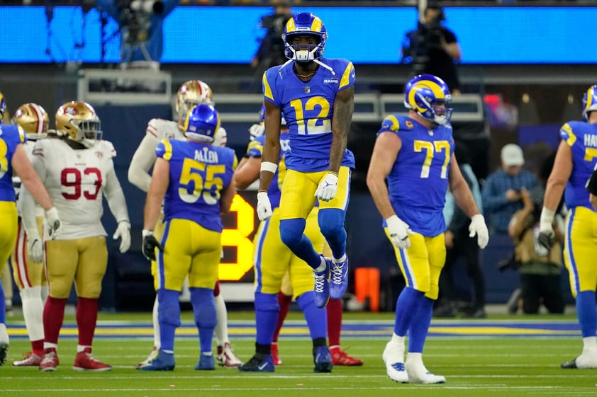 Los Angeles Rams' Van Jefferson (12) celebrates in the final seconds of the NFC Championship NFL football game against the San Francisco 49ers Sunday, Jan. 30, 2022, in Inglewood, Calif. The Rams won 20-17 to advance to the Super Bowl. (AP Photo/Elaine Thompson)