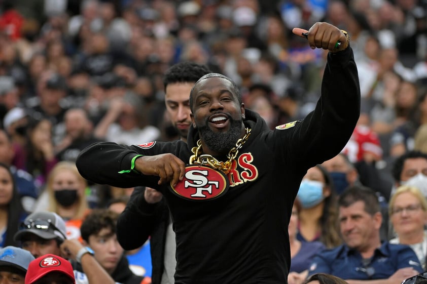 A San Francisco 49ers fan reacts during the second half of the Pro Bowl NFL football game between the AFC and the NFC, Sunday, Feb. 6, 2022, in Las Vegas. (AP Photo/David Becker)