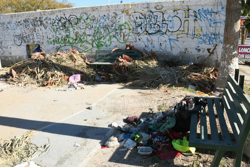 Plaza principal en Prados del Oriente, tiradero de ramas y basura