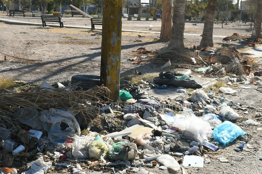 Plaza principal en Prados del Oriente, tiradero de ramas y basura