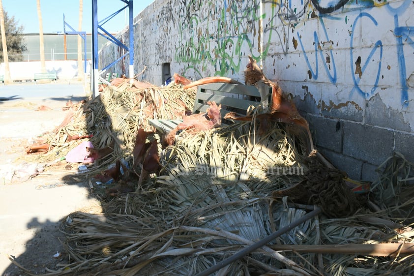 Plaza principal en Prados del Oriente, tiradero de ramas y basura