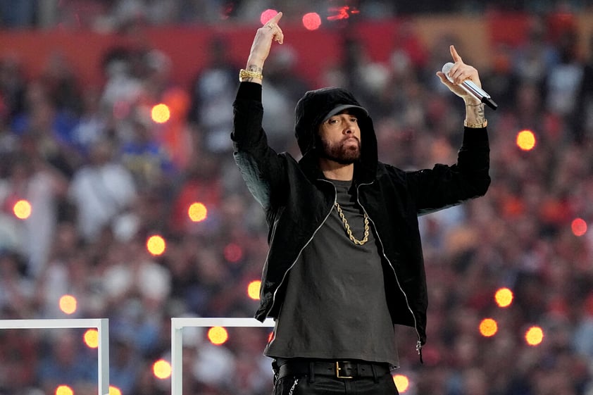 Eminem performs during halftime of the NFL Super Bowl 56 football game between the Los Angeles Rams and the Cincinnati Bengals, Sunday, Feb. 13, 2022, in Inglewood, Calif. (AP Photo/Ted S. Warren)