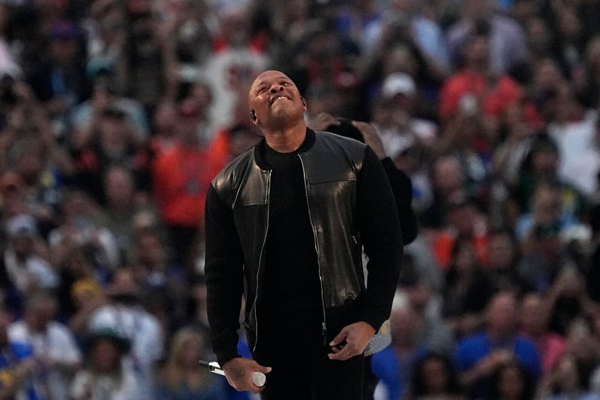 Dr. Dre performs during halftime of the NFL Super Bowl 56 football game between the Los Angeles Rams and the Cincinnati Bengals, Sunday, Feb. 13, 2022, in Inglewood, Calif. (AP Photo/Julio Cortez)