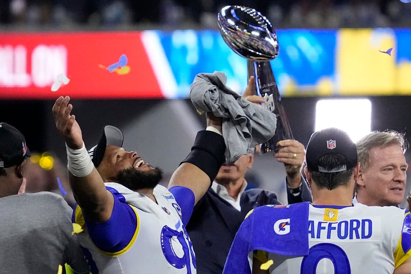 Los Angeles Rams defensive end Aaron Donald (99) after the NFL Super Bowl 56 football game Sunday, Feb. 13, 2022, in Inglewood, Calif. The Los Angeles Rams won 23-20. (AP Photo/Julio Cortez)