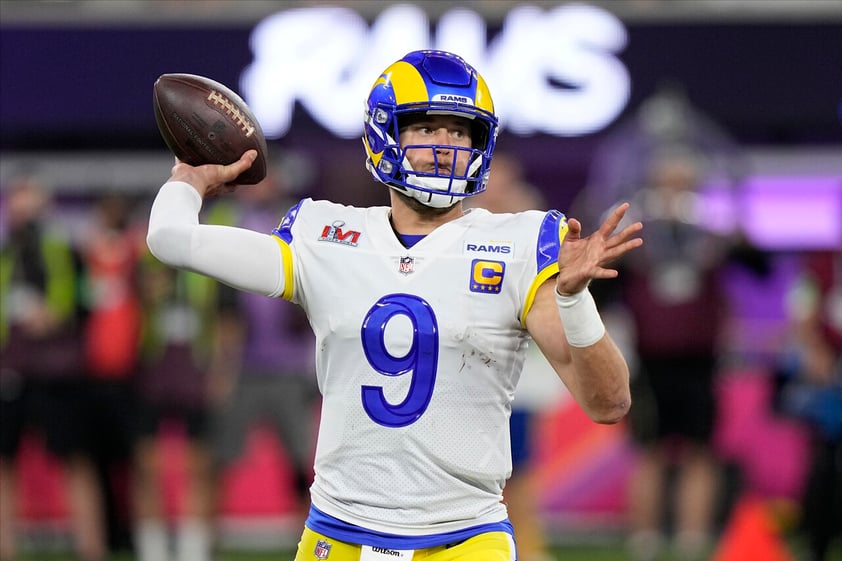 Los Angeles Rams quarterback Matthew Stafford (9) passes against the Cincinnati Bengals during the second half of the NFL Super Bowl 56 football game Sunday, Feb. 13, 2022, in Inglewood, Calif. (AP Photo/Lynne Sladky)