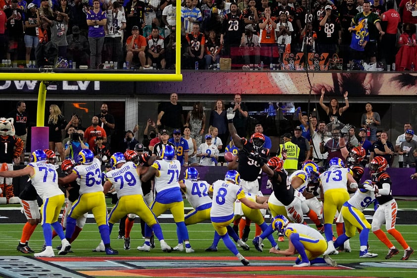 Los Angeles Rams kicker Matt Gay (8) kicks the point after against the Cincinnati Bengals during the second half of the NFL Super Bowl 56 football game Sunday, Feb. 13, 2022, in Inglewood, Calif. (AP Photo/Tony Gutierrez)