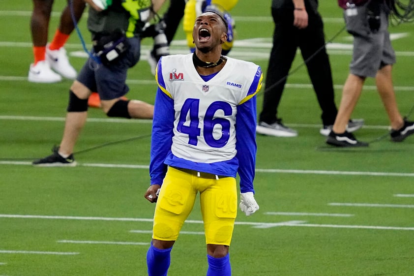 Los Angeles Rams defensive back Grant Haley (46) celebrates during the second half of the NFL Super Bowl 56 football game against the Cincinnati Bengals Sunday, Feb. 13, 2022, in Inglewood, Calif. The Los Angeles Rams won 23-20. (AP Photo/Julio Cortez)