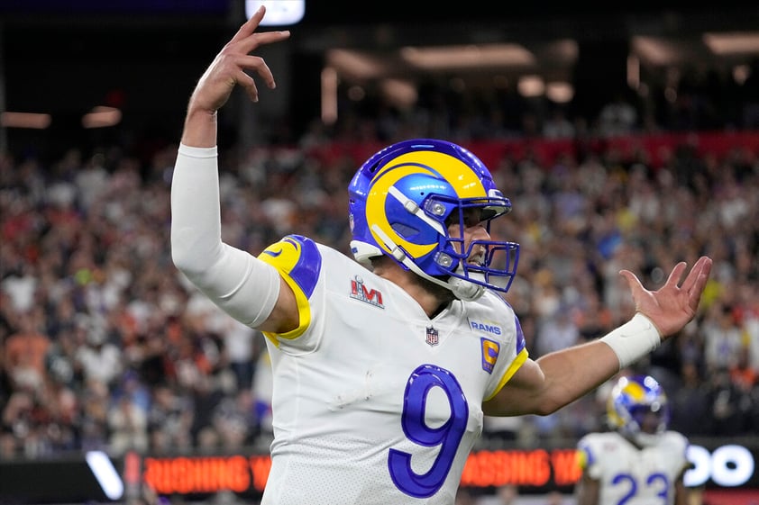 Los Angeles Rams quarterback Matthew Stafford (9) reacts to pass interference in the end zone against the Cincinnati Bengals during the second half of the NFL Super Bowl 56 football game Sunday, Feb. 13, 2022, in Inglewood, Calif. (AP Photo/Mark J. Terrill)